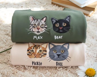 Embroidered Cat Portrait Sweatshirt – Custom Cat Mom Gift