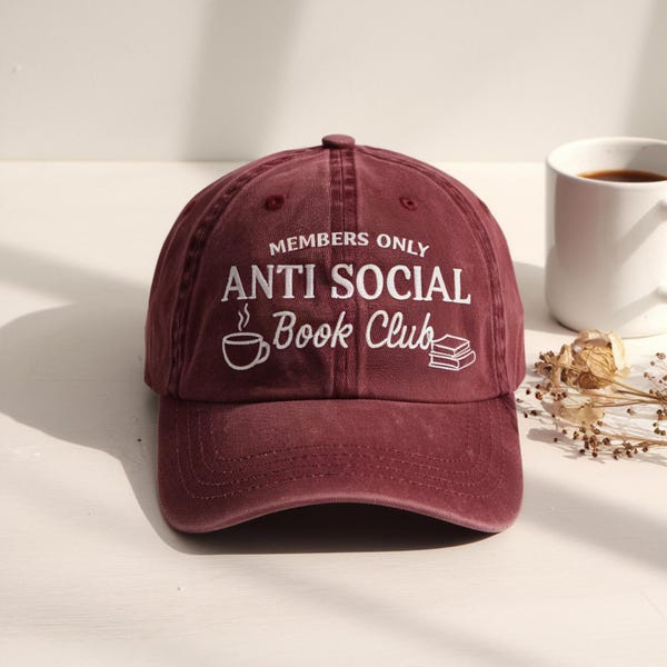 Anti Social Book Club Embroidered Cotton Hat, Book Lover Gift