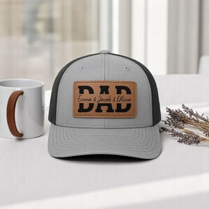 Custom Kids Name Dad Hat, Personalized Dad Gift, Leather Patch Hat, Dad and Kids Trucker Hat, Dad Hat, Fathers Day Hat, Grandpa Hat Gift