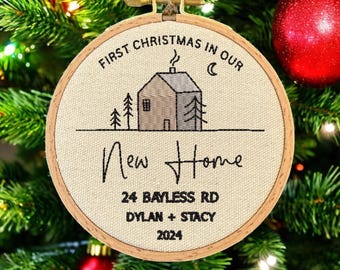 Personalized New Home Christmas Ornament: Embroidered Oak Wood