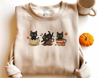Broderad Halloweentröja, Svarta katter i koppar, hösttröja