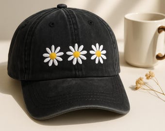 Embroidered Daisy Wash Hat, Cotton Twill Trucker Cap