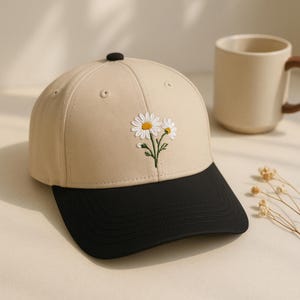 Daisy Flower Embroidered Trucker Cap, Brim Summer Hat
