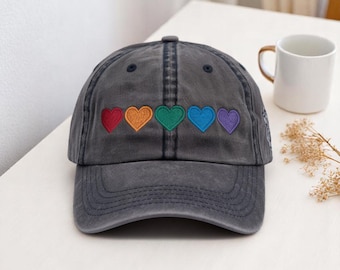 Hand Embroidered Rainbow Hearts Baseball Cap - Pride  display picture 1