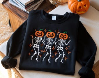 Geborduurd sweatshirt met dansend skelet en pompoen voor Halloween