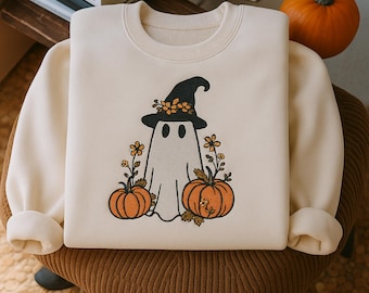 Embroidered Halloween Ghost Sweatshirt, Spooky Floral Tee