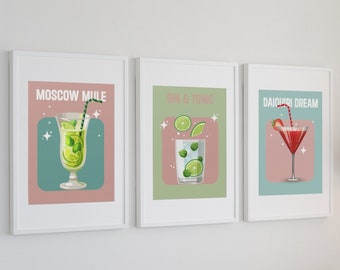 Set Of 3 Retro Cocktail Print|Alcohol Prints Set|Retro Cocktail Print|Colorful Cocktail Gallery Wall Set|Bar Prints|Trendy Wall Decor