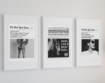 Impression de journaux à la mode | Maman, je suis un homme riche | Nouvelles du New York Times | Impression numérique d'art mural féministe | Chariot de bar vintage | Téléchargement instantané