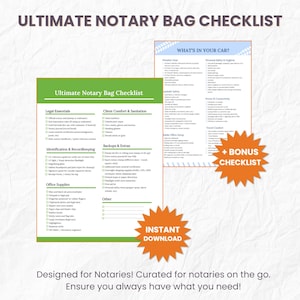 May include: A checklist titled "Ultimate Notary Bag Checklist" with a green and white design. The checklist includes categories like Legal Essentials, Office Supplies, and Backups & Extras. A bonus checklist titled "What's in Your Car?" is also included. The image also has the text "Instant Download".