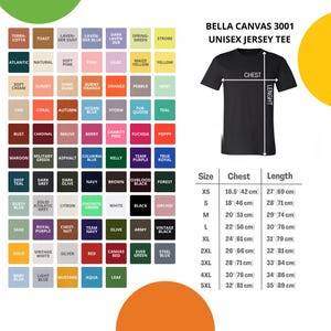 May include: Bella Canvas 3001 unisex jersey tee in black. The image shows a black t-shirt with size, chest, and length measurements. Color swatches include Terra Cotta, Lilac, and Navy. The t-shirt sizes range from XS to 5XL.