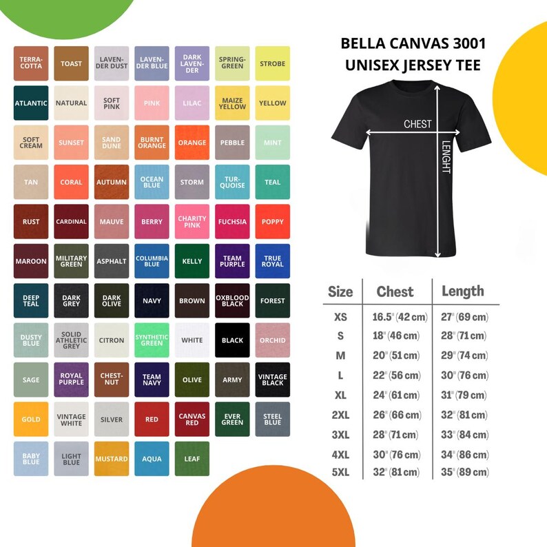 May include: Bella Canvas 3001 unisex jersey tee in black. The image shows a black t-shirt with size, chest, and length measurements. Color swatches include Terra Cotta, Lilac, and Navy. The t-shirt sizes range from XS to 5XL.