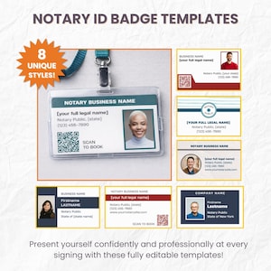 May include: A collection of notary ID badge templates with various designs. The image features a clear plastic badge holder with a blue lanyard, and several sample ID cards with photos, business names, and QR codes. Text includes "NOTARY ID BADGE TEMPLATES".