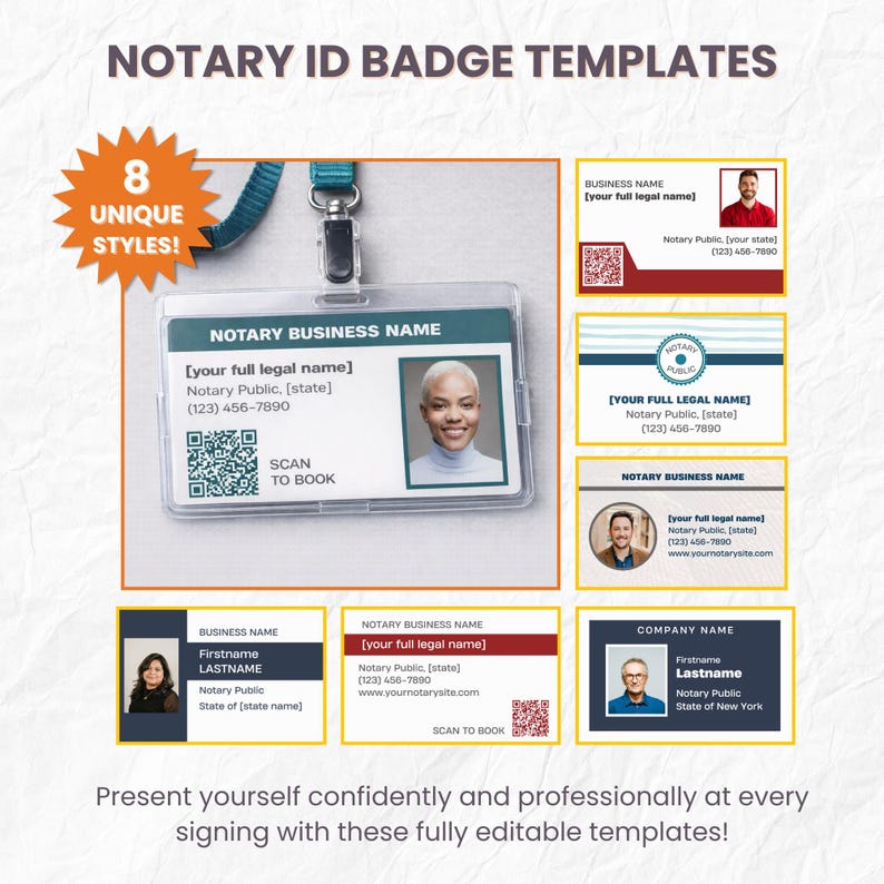 May include: A collection of notary ID badge templates with various designs. The image features a clear plastic badge holder with a blue lanyard, and several sample ID cards with photos, business names, and QR codes. Text includes "NOTARY ID BADGE TEMPLATES".
