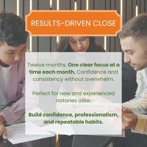 Op de afbeelding: Een afbeelding met de tekst "RESULTS-DRIVEN CLOSE" in een oranje banner. De tekst hieronder luidt: "Twelve months. One clear focus at a time each month. Build confidence, professionalism, and repeatable habits."