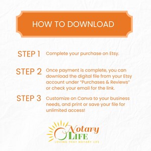 Op de afbeelding: Een digitale downloadgids met de titel "HOW TO DOWNLOAD" in een oranje banner. De stappen omvatten het voltooien van een aankoop op Etsy, het downloaden van het bestand en het aanpassen ervan op Canva. Het Notary Life-logo staat onderaan.