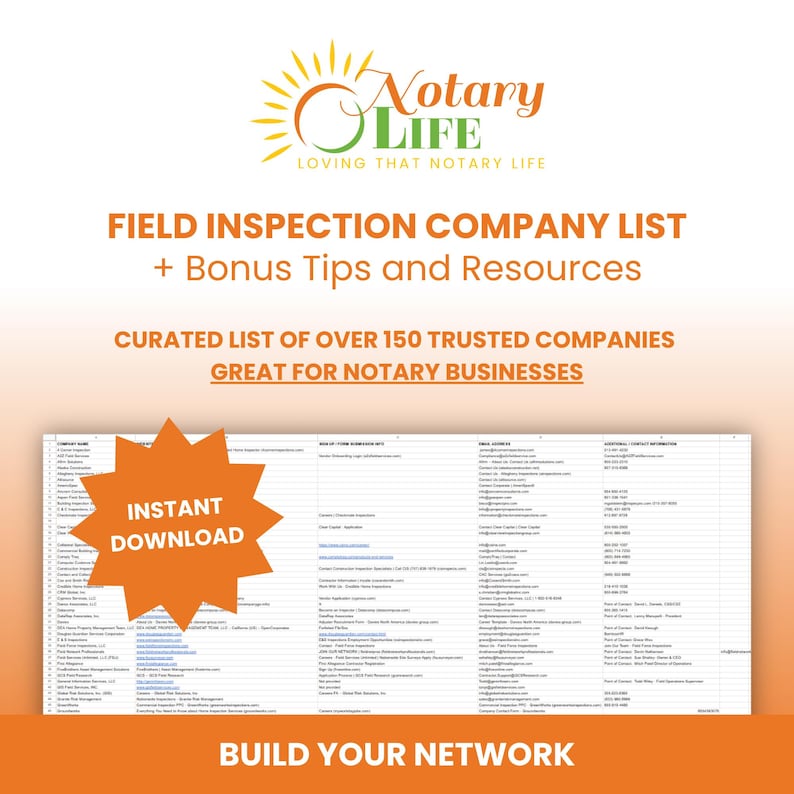 Field Inspection Marketing List for Notaries and Signing Agents, Notary Public Resources, Notary Marketing Tools, Notary Supplies image 1