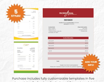 May include: Digital notary invoice templates in five styles. The image shows examples of invoices with fields for service details, client information, and totals. The text includes "Invoice" and "Add Your Info!"