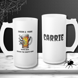 Personalized Cheers & Fears Frosted Beer Mug, Spooky Halloween Glass, 16oz Ghostly Brew Mug, Funny Skeleton Beer Lover Gift