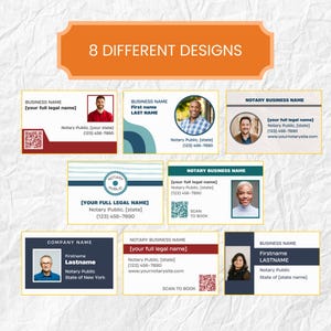 May include: Eight different notary business card designs are displayed. Each card features a professional headshot, business name, contact information, and QR code. The cards have various color schemes, including red, blue, and green.