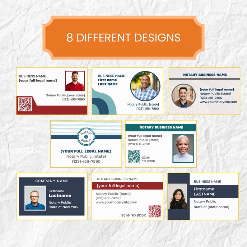 May include: Eight different notary business card designs are displayed. Each card features a professional headshot, business name, contact information, and QR code. The cards have various color schemes, including red, blue, and green.