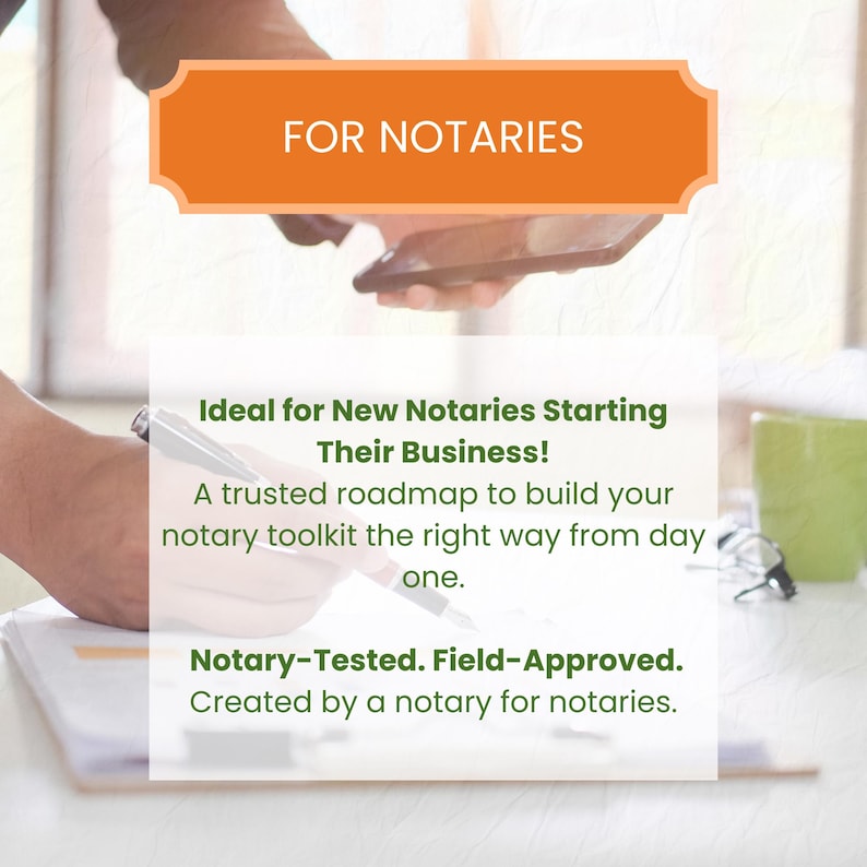 May include: An image with the text "FOR NOTARIES" in an orange banner. Below, text reads "Ideal for New Notaries Starting Their Business!" and "Notary-Tested. Field-Approved." The image suggests a guide or resource for notaries.