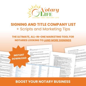May include: A digital download for notaries featuring a list of signing and title companies, scripts, and marketing tips. The image features a bright orange star with the text "Instant Download" and the text "Boost Your Notary Business".