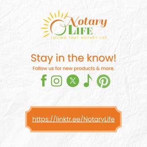 May include: An image with the text "Notary Life" and the tagline "Loving That Notary Life." It also includes the phrase "Stay in the know!" and social media icons for Facebook, Instagram, X, music, and Pinterest, along with a link to a website.