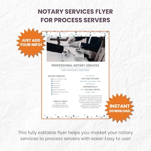 May include: A promotional flyer for notary services, with text and an image of people signing documents. The flyer includes the phrases "Professional Notary Services" and "Instant Download". It also has an orange burst with the text "Just add your info!"