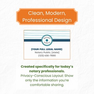May include: A business card design for a notary public. The card features a blue and white striped header with a circular "Notary Public" seal. The text includes "Your Full Legal Name", contact information, and the phrase "Clean, Modern, Professional Design."