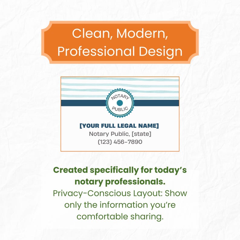 May include: A business card design for a notary public. The card features a blue and white striped header with a circular "Notary Public" seal. The text includes "Your Full Legal Name", contact information, and the phrase "Clean, Modern, Professional Design."
