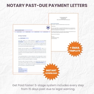 Pode incluir: Download digital de cartas de pagamento em atraso de notário. A imagem mostra duas cartas de amostra, uma com o título "60 dias em atraso". Inclui um gráfico de "Download instantâneo" e "+ Modelo de e-mail". O texto afirma que o sistema inclui cada etapa a partir de 15 dias após o vencimento até o aviso legal.