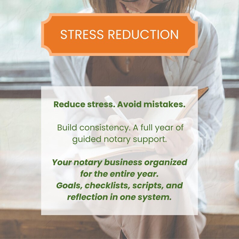 Op de afbeelding: Afbeelding met een oranje banner met de tekst "STRESS REDUCTION". Daaronder staat: "Verminder stress. Vermijd fouten. Bouw consistentie op. Een volledig jaar begeleide notarisondersteuning."
