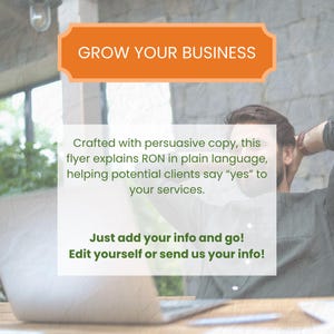 May include: An orange banner with the text "GROW YOUR BUSINESS" sits above a white box with text. The text reads "Crafted with persuasive copy..." and "Just add your info and go!" A person is in the background.