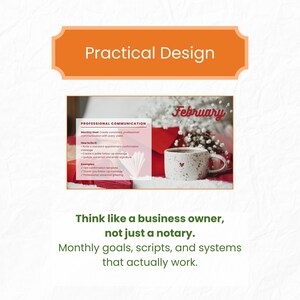 Op de afbeelding: Een afbeelding met de tekst "Practical Design" bovenaan. Hieronder staat een professionele communicatiegids met een mok en het woord "February". De onderkant van de afbeelding bevat de tekst "Think like a business owner, not just a notary. Monthly goals, scripts, and systems that actually work."