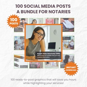 May include: A bundle of 100 social media posts for notaries. The image features a collage of graphics with the text "100 Posts" and "Instant Download". The text "Remote Online Notarization (RON)" is also visible.