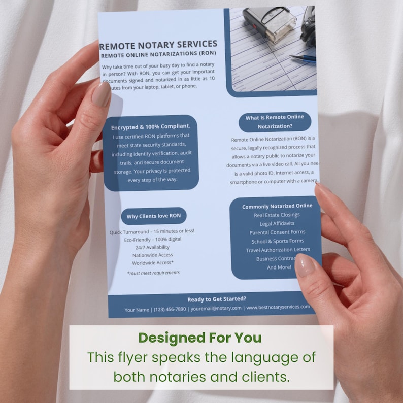 May include: A flyer for remote notary services, featuring the text "Remote Notary Services" and "Remote Online Notarizations (RON)". The flyer highlights features like encrypted compliance, quick turnaround, and 24/7 availability. It also lists commonly notarized online documents.