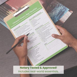 May include: A wooden clipboard with a checklist titled "Ultimate Notary Bag Checklist" is held by a person. The checklist includes categories like "Legal Essentials" and "Client Comfort & Sanitation." The text "Notary Tested & Approved! Includes real-world essentials" is at the bottom.