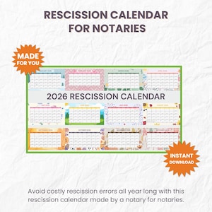 May include: A 2026 rescission calendar for notaries, featuring a monthly layout with colorful seasonal illustrations. The calendar includes the text "Rescission Calendar for Notaries" and "Instant Download."