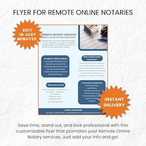 Puede incluir: Un folleto personalizable para servicios de notaría en línea remotos. El folleto destaca los beneficios de la notaría remota, incluido el cifrado y los tiempos de respuesta rápidos. Con estrellas naranjas con el texto "Edita en pocos minutos" y "Entrega instantánea."