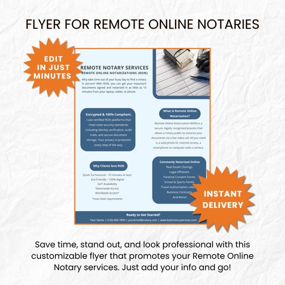 Customizable Remote Online Notary Flyer, Brandable Notary Marketing Flyer, Editable with Free Canva Account, Instant Download