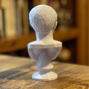 Op de afbeelding: Een witte buste van een persoon met krullend haar, van achteren gezien. De sculptuur staat op een voetstuk en lijkt gemaakt van een gespikkeld, steenachtig materiaal. De buste staat op een houten tafel.