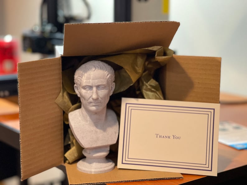 Op de afbeelding: Een buste van een Romeinse keizer, waarschijnlijk Caesar, gemaakt van een gespikkeld, lichtgekleurd materiaal, staat in een open kartonnen doos. De doos bevat bruin inpakpapier en een kaart met "Thank You".