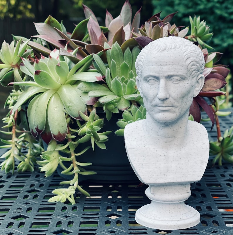 Op de afbeelding: Een grijze buste van een Romeinse keizer staat op een decoratieve voet. De buste staat voor een donkergroene pot gevuld met groene en bordeauxrode vetplanten. De buste staat op een zwarte metalen tafel.