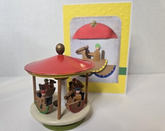 Vintage Erzgebirge Wooden Carousel Toy Gift Set | Mid-Century Hand-Painted Carousel Figurine with Custom Handmade Card