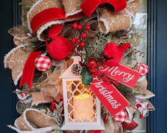 Cardinal Lantern Winter Christmas Wreath