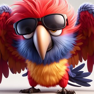 Whimsical Parrots wearing sunglasses striking funny poses. All images in HD and 4k format for use in sublimation or any other use.