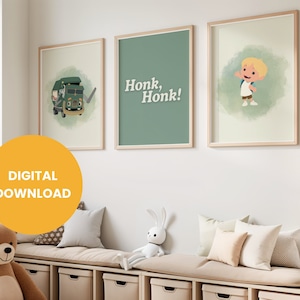 Trash Truck Character Wall Art Poster Printable Kids Room Decor Toddler Set of 4 Hank Show Minimal Retro Vibes Boys Room
