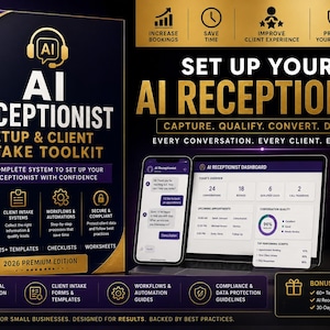 May include: A dark purple and gold marketing graphic for an AI Receptionist Setup & Client Intake Toolkit 2026 Premium Edition. It features a book cover, a smartphone, and a laptop displaying a dashboard, with text detailing business tools.