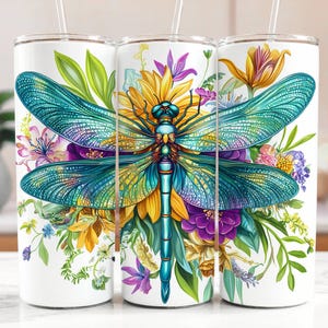 Vibrant Dragonfly Floral Tumbler Wrap - 20 oz Tumbler Wrap, Dragonfly Lover gift, Nature Lover gift, Digital Download, Skinny Design