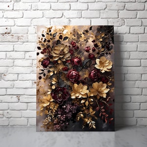 Elegante florale digitale Wandkunst, Porträt, bedruckbar, digitaler Download, Blumenliebhaber Kunst, Burgund und Goldtönen
